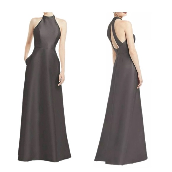 ALFRED SUNG Gown Halter Dress Caviar Gray Satin Twill Pockets Sz 8 NWT $248 D772 - Picture 2 of 13